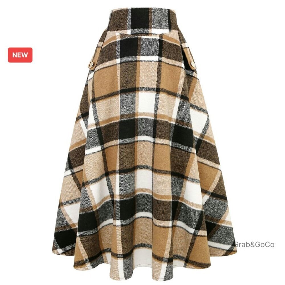 High Waisted Wool Plaid A-Line Long Skirt Classic Elegant Fall Winter